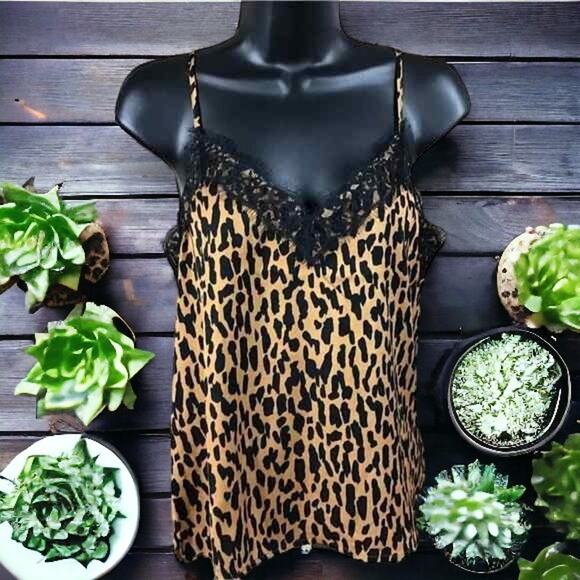 BP Womens Small Animal Print Camisole Black Tan Eyelash Lace Adjustable - Picture 1 of 11